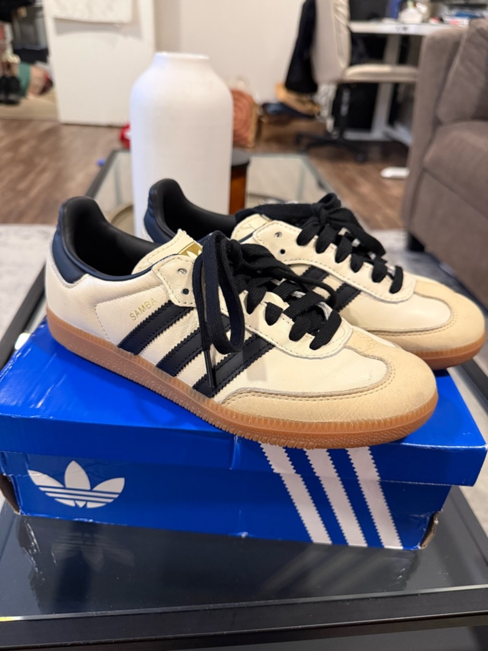 adidas Cream and Black Samba Leather Sneakers